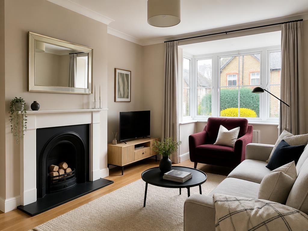 Freshly decorated living room with cream walls, white woodwork and a burgundy accent chair