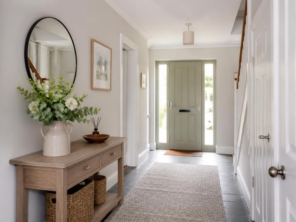 Bright entrance hallway with warm grey walls and clean white woodwork