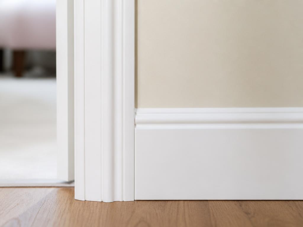 Close-up of crisp white skirting board and door frame against a cream wall