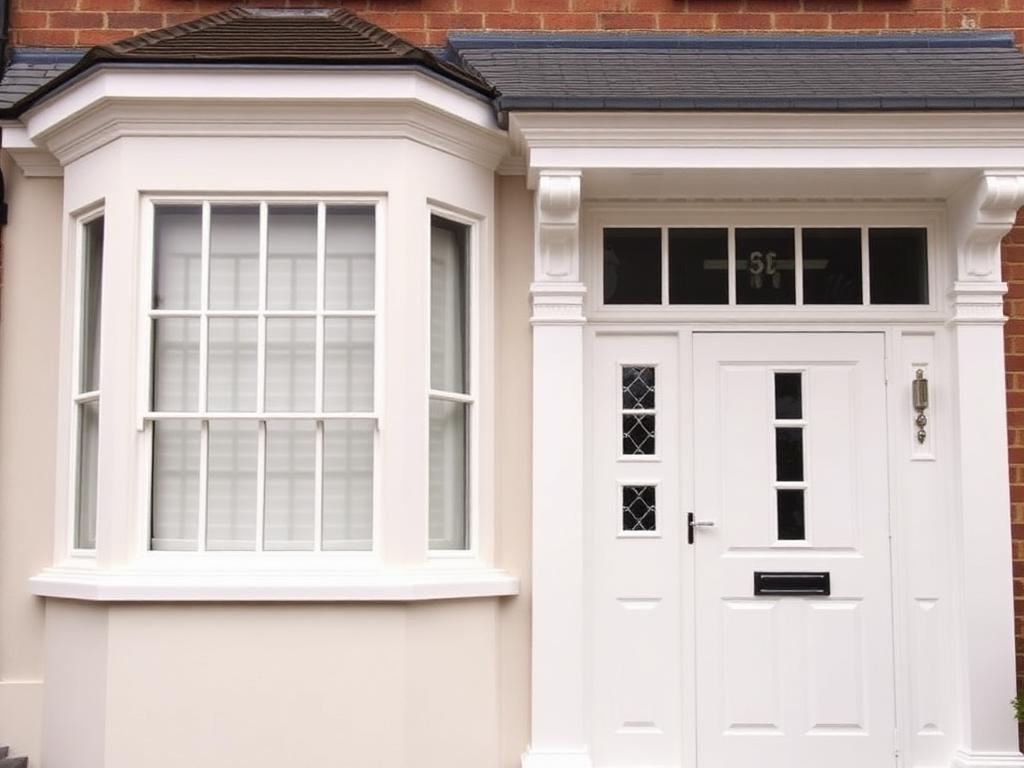 Freshly painted house exterior with crisp white sash windows, front door and rendered masonry
