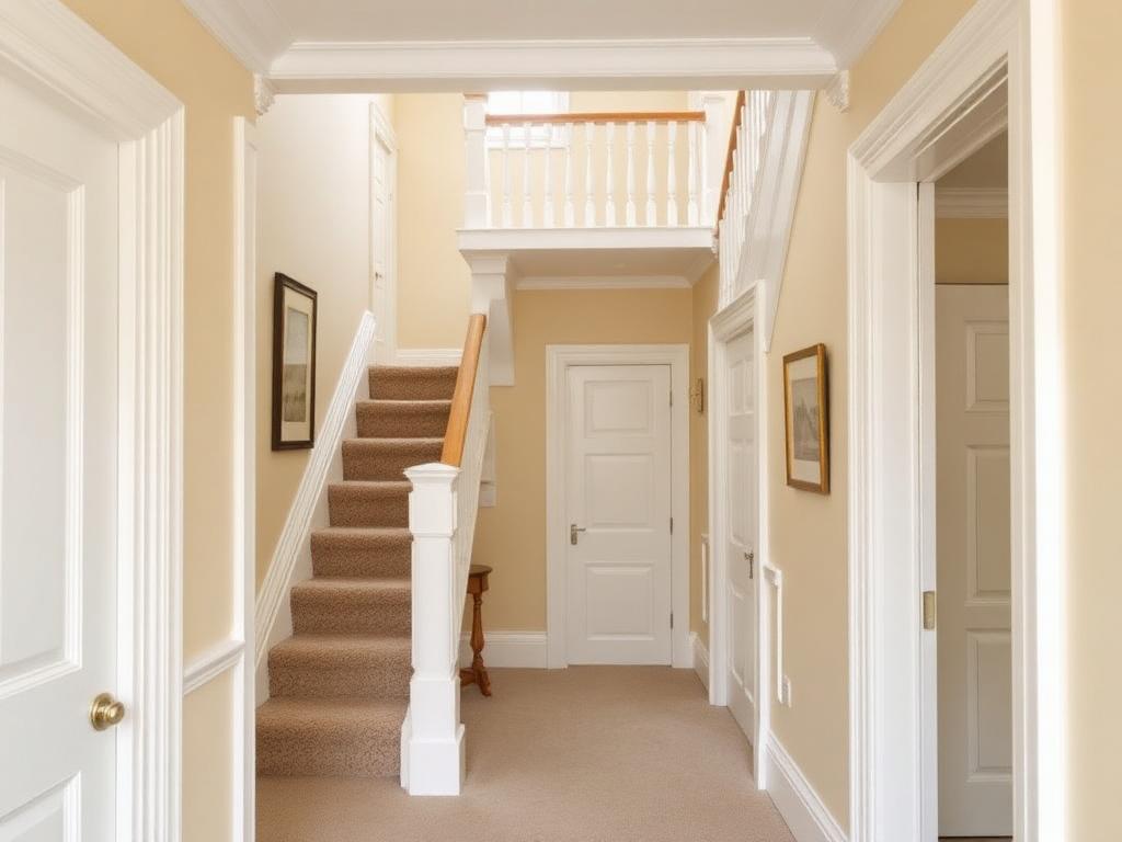 Freshly decorated hallway, stairs and landing with cream walls and white painted banisters
