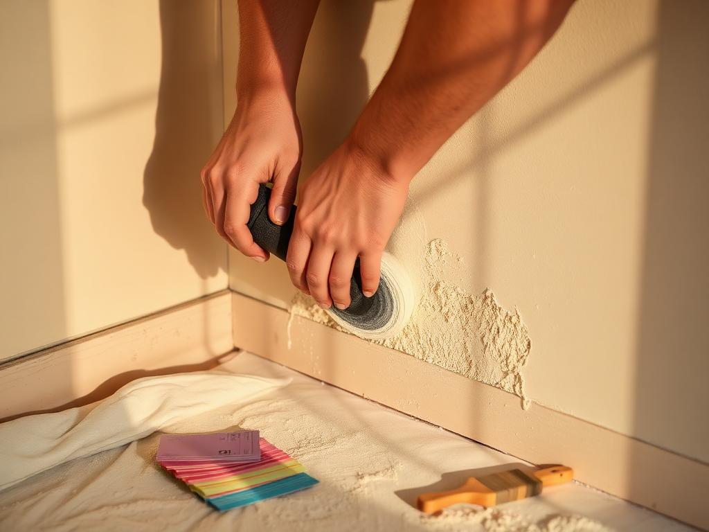 Decorator's hands sanding and preparing a wall surface, with colour swatches and dust sheets nearby